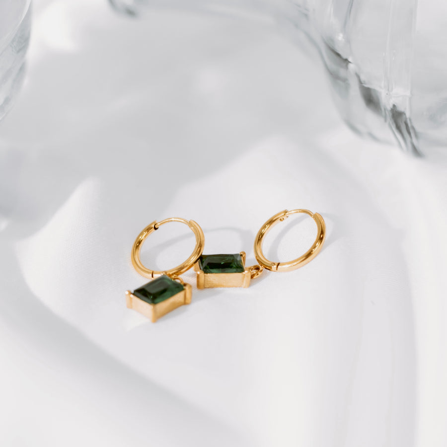 Green Charm Huggie Hoops - Gold