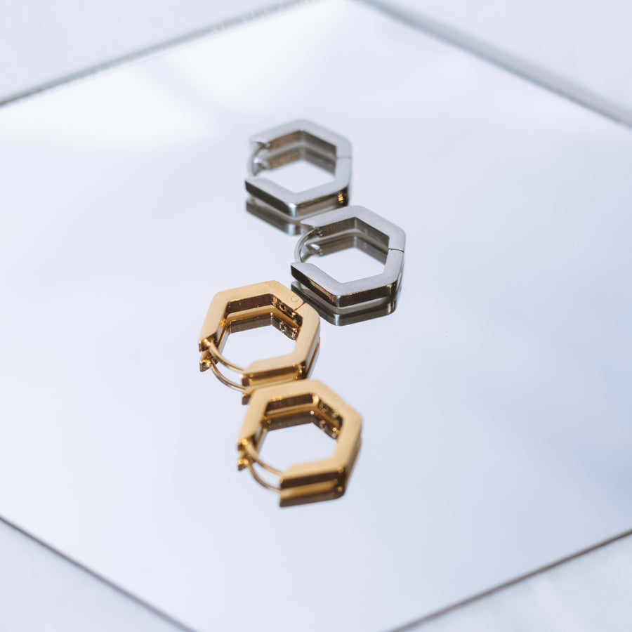 Hexagon Huggie Hoops - Gold/Silver