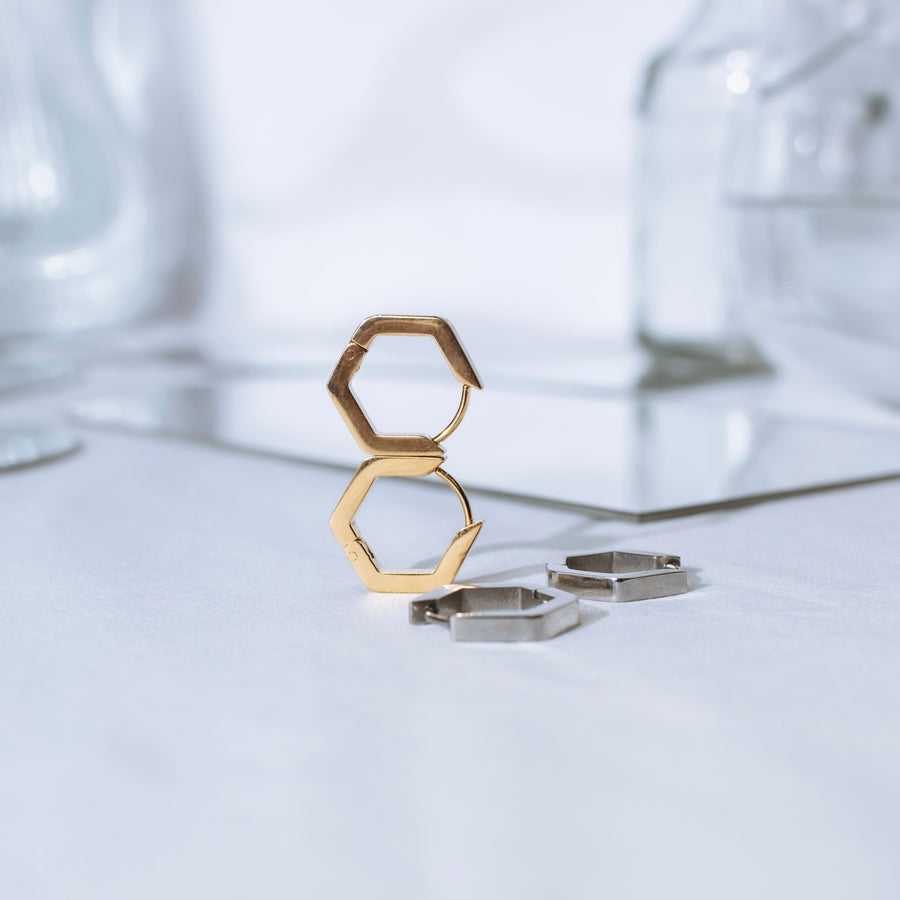 Hexagon Huggie Hoops - Gold/Silver