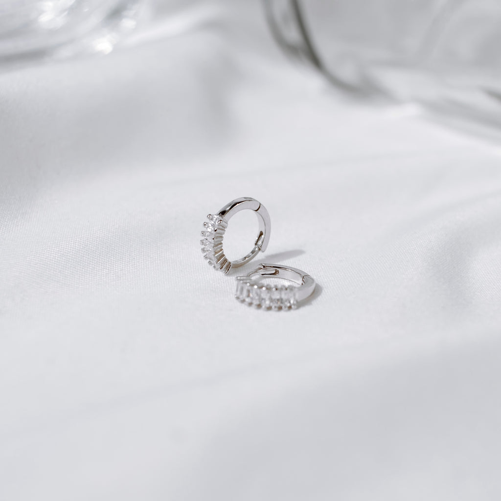 8mm gold vermeil and 925 sterling silver huggie hoop earrings with baguette cubic zirconia, hypoallergenic, tarnish-resistant small snap closure hoops for sensitive ears, minimalist everyday jewelry.