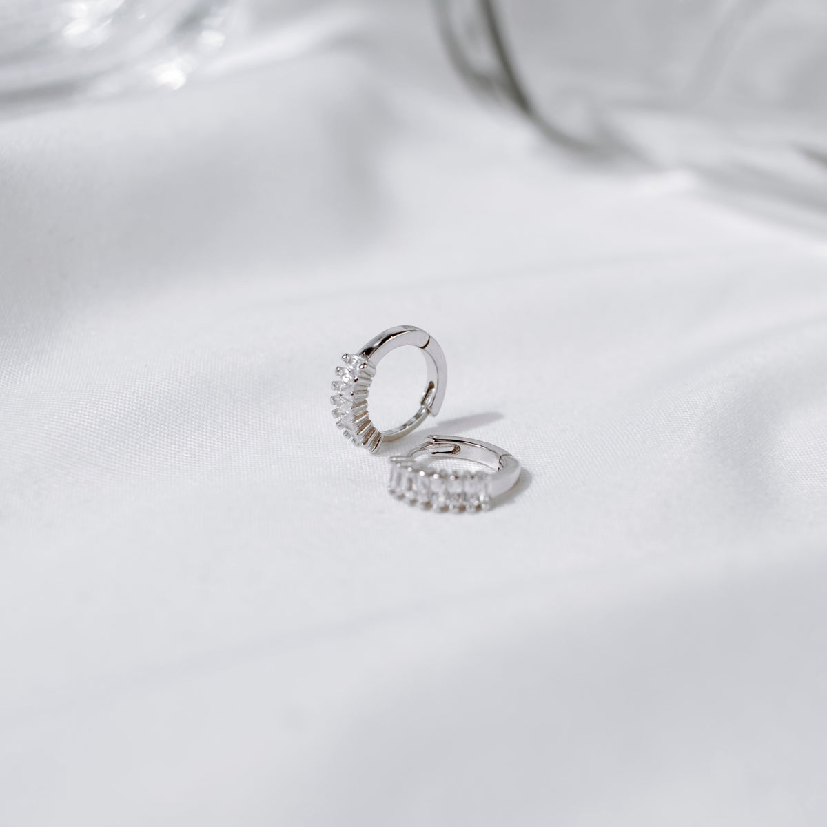 8mm gold vermeil and 925 sterling silver huggie hoop earrings with baguette cubic zirconia, hypoallergenic, tarnish-resistant small snap closure hoops for sensitive ears, minimalist everyday jewelry.