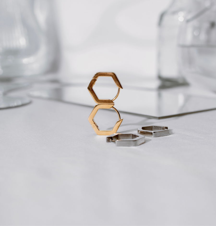 Hexagon Huggie Hoops - Gold/Silver