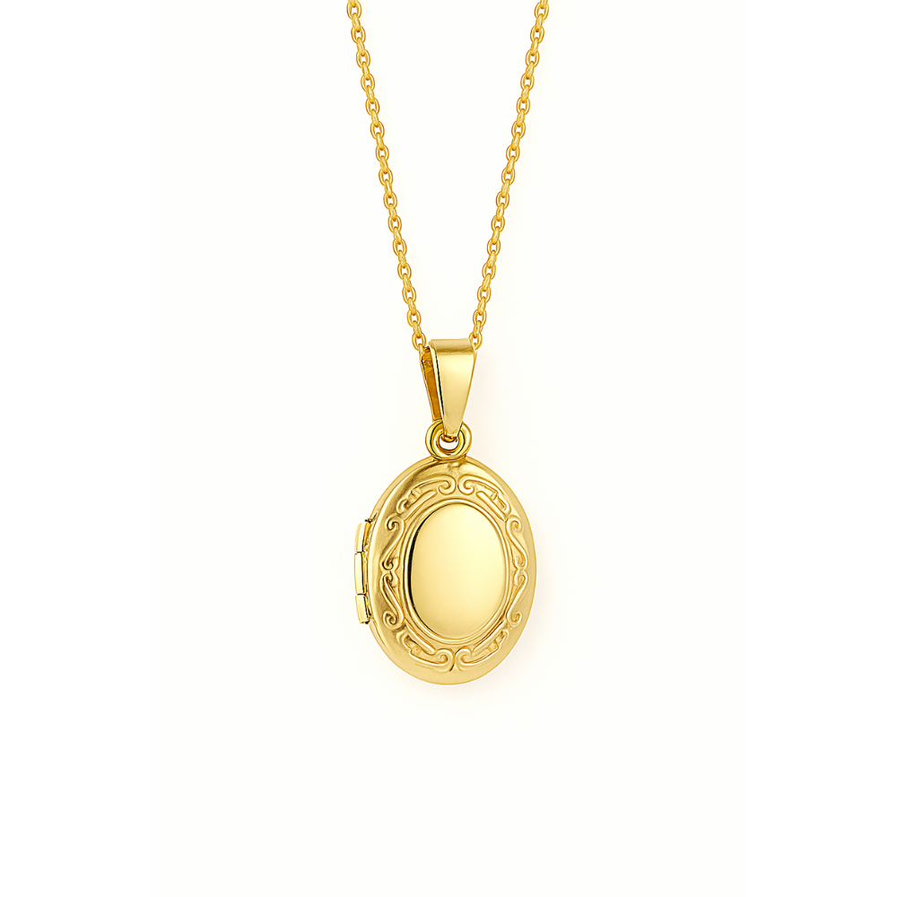 Oval locket necklace with an engraved frame.