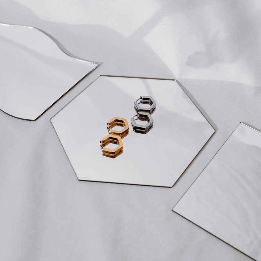 Hexagon Huggie Hoops - Gold/Silver