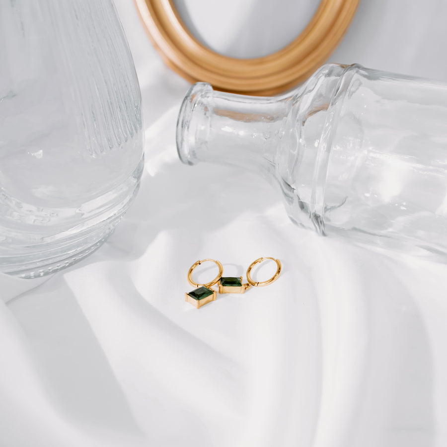 Green Charm Huggie Hoops - Gold