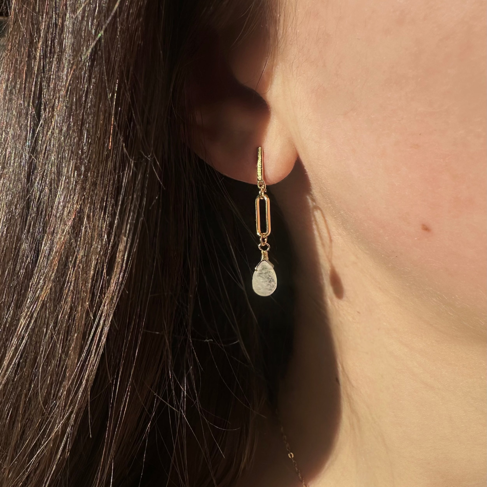 Rainbow moonstone drop earrings in 18K gold vermeil with natural moonstones.