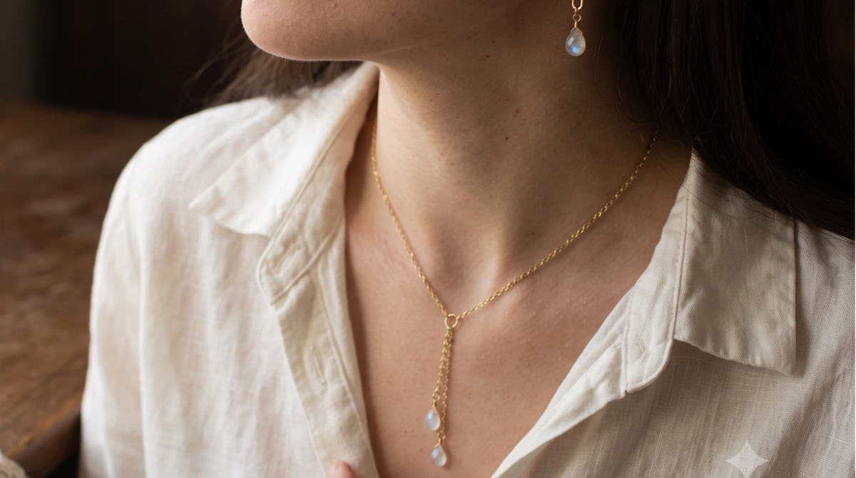 A lariat necklace with two pale teardrop stones, worn at the collarbone.