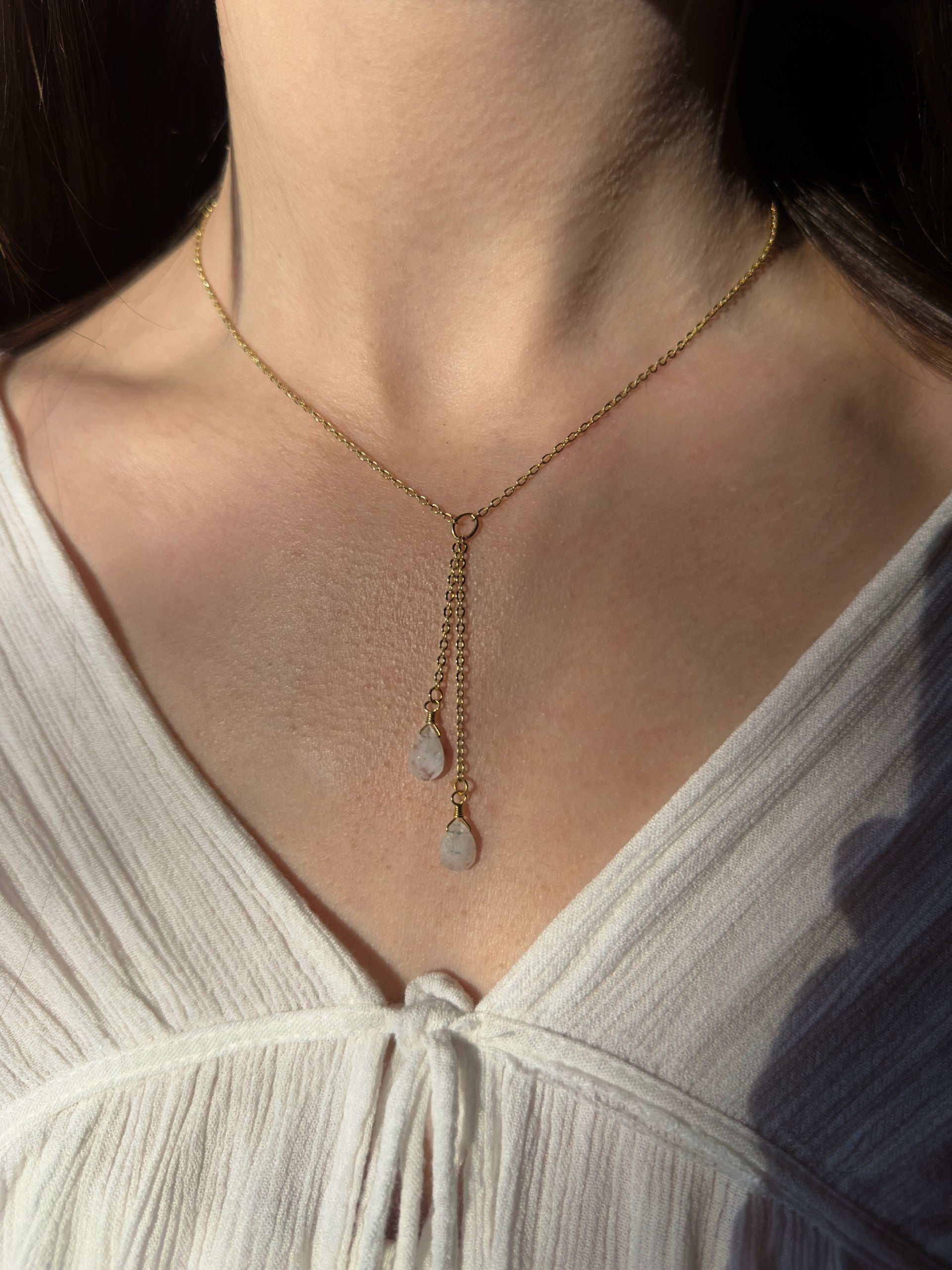 Rainbow Moonstone Lariat Necklace | 18K Gold Filled