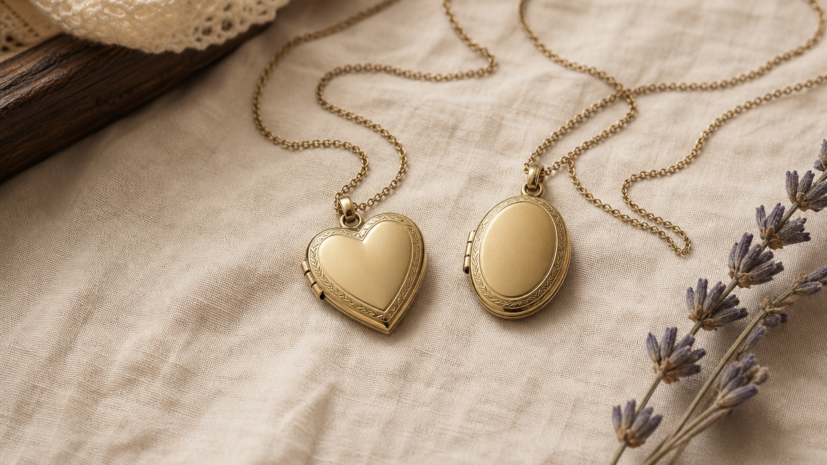 A heart locket and an oval locket on fine chains, closed, on ivory linen with dried lavender