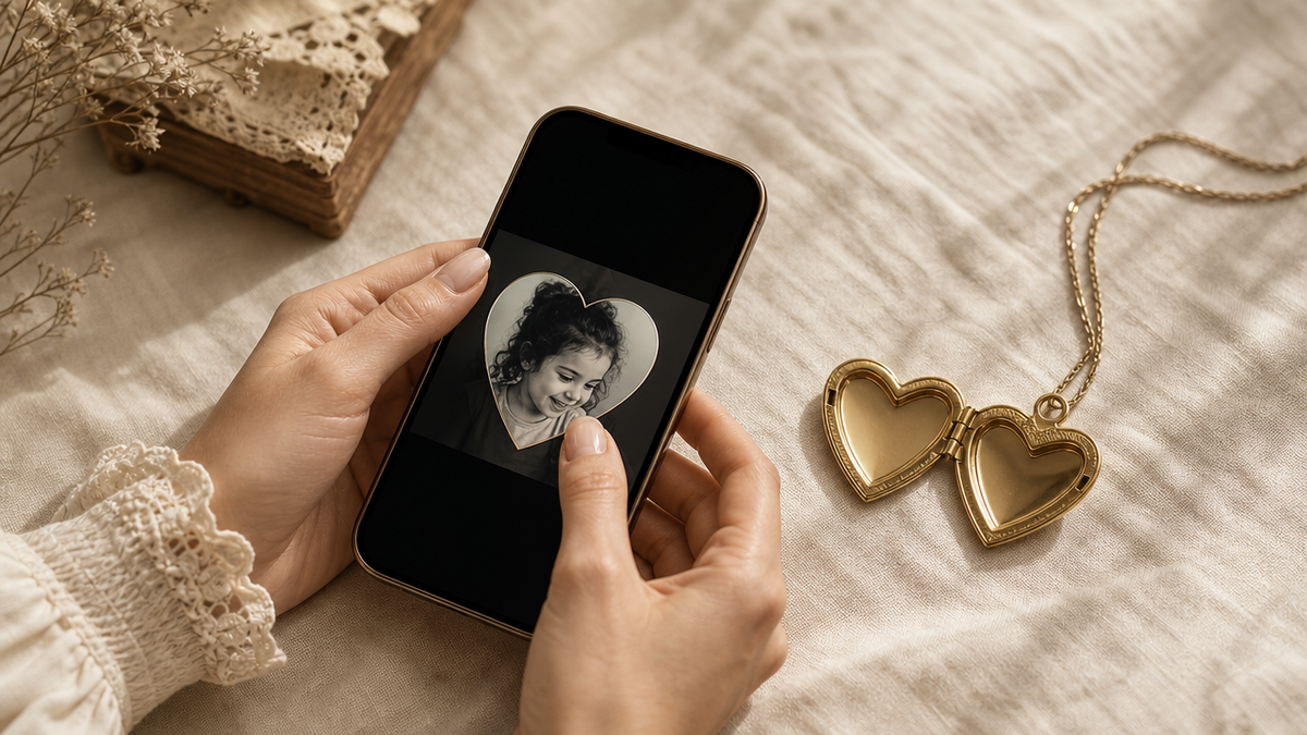 Hands holding a phone, placing a photo inside a heart-shaped window, with an open heart locket beside it on linen