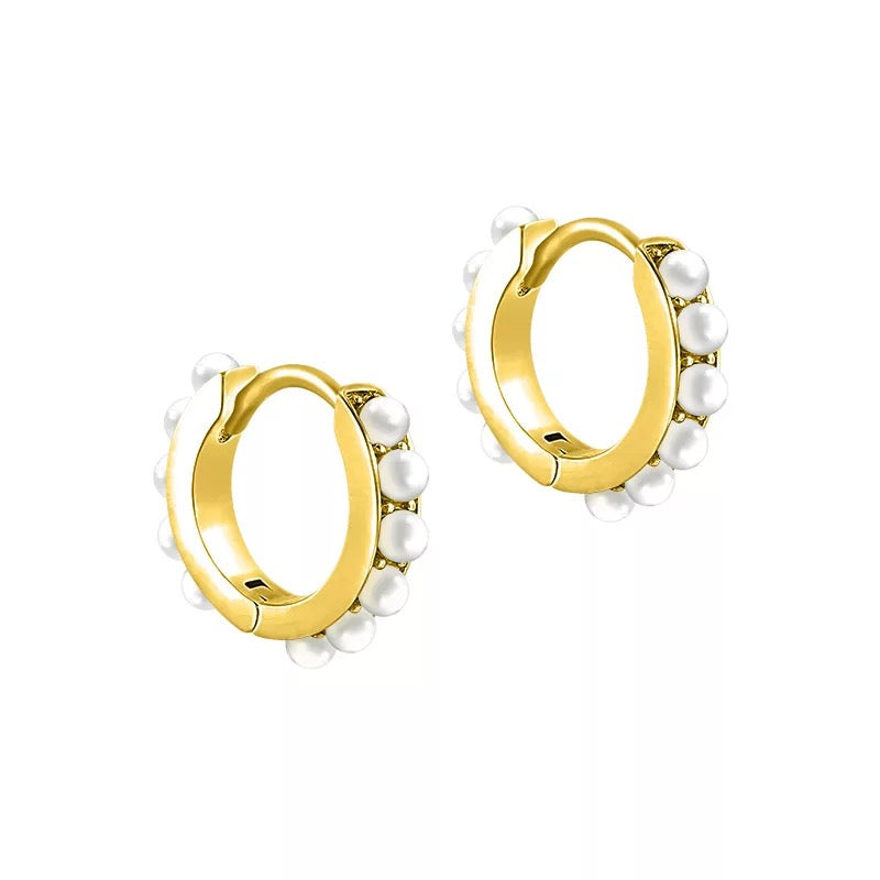 Mini Angela Pearl Huggie Hoops - Gold